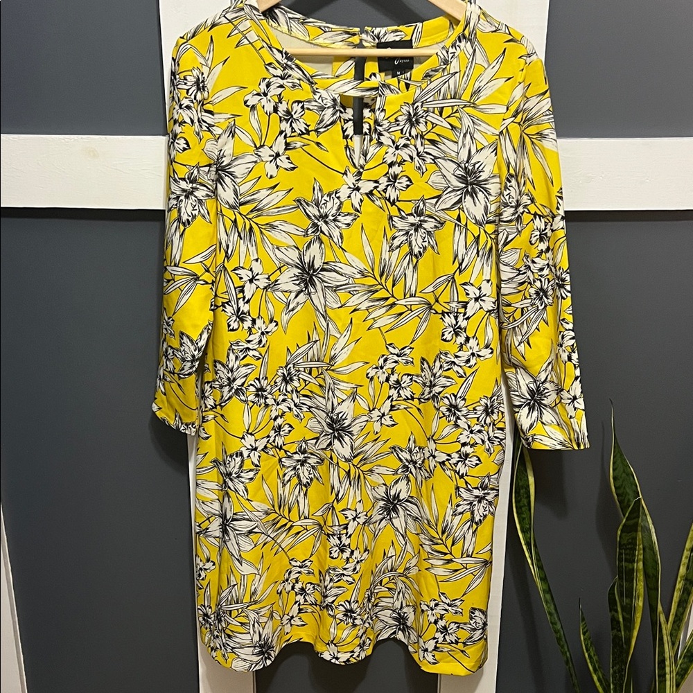 Beige by eci Yellow Dress with Black and White Floral Design